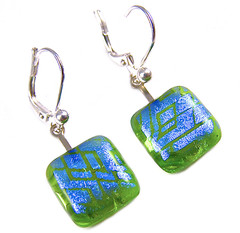 DICHROIC Earrings Green Clear Blue Abstract Design Euro Lever Dangle 1/2″ 12mm