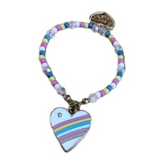 Handmade Elastic Bracelet-4.5 in.-Plastic Beads with 2 Metal Alloy Heart Charms.