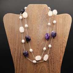 Artisan Sterling Silver Double Necklace w Pearls Purple Amethyst & Rose Quartz