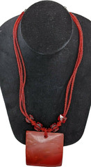 Handcrafted 17 inch Beaded Necklace with 2.5 inch Square Red Pendant