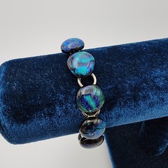 Vtg Dichroic Round Cabochon Glass Link Bracelet Blue Teal Green Silver Tone 7″