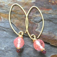 Pink Rose Quartz Garnet Wire Wrap Gemstone Dangle Hoop Hook Earrings Gold