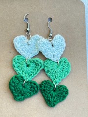 Handmade Crochet Heart Dangle Earrings Ombre Green Blue Artisan Drop Jewelry