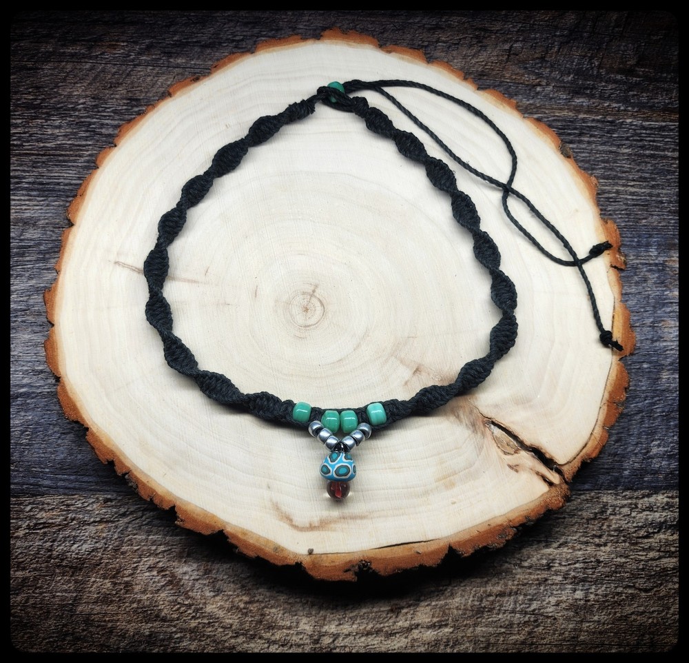 Black Hemp Necklace with Fimo and Glass Mushroom & Green Glass Beads
