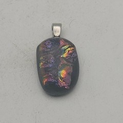 Artisan Iridescent Resin Pendant Silver Tone Abstract Rainbow Foil Jewelry