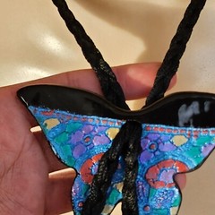 Vtg Handcrafted Glazed Ceramic Butterfly Lariat Necklace Bolo Tie? Signed Cord
