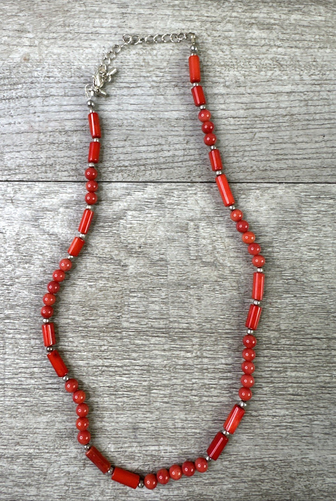 Artisan Made In Montana Red Coral & Silvertone Necklace 18″