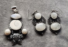 New Set Moonstone Pearl Shiva Shell Pendant Earrings Silver Flower Bird Goddess