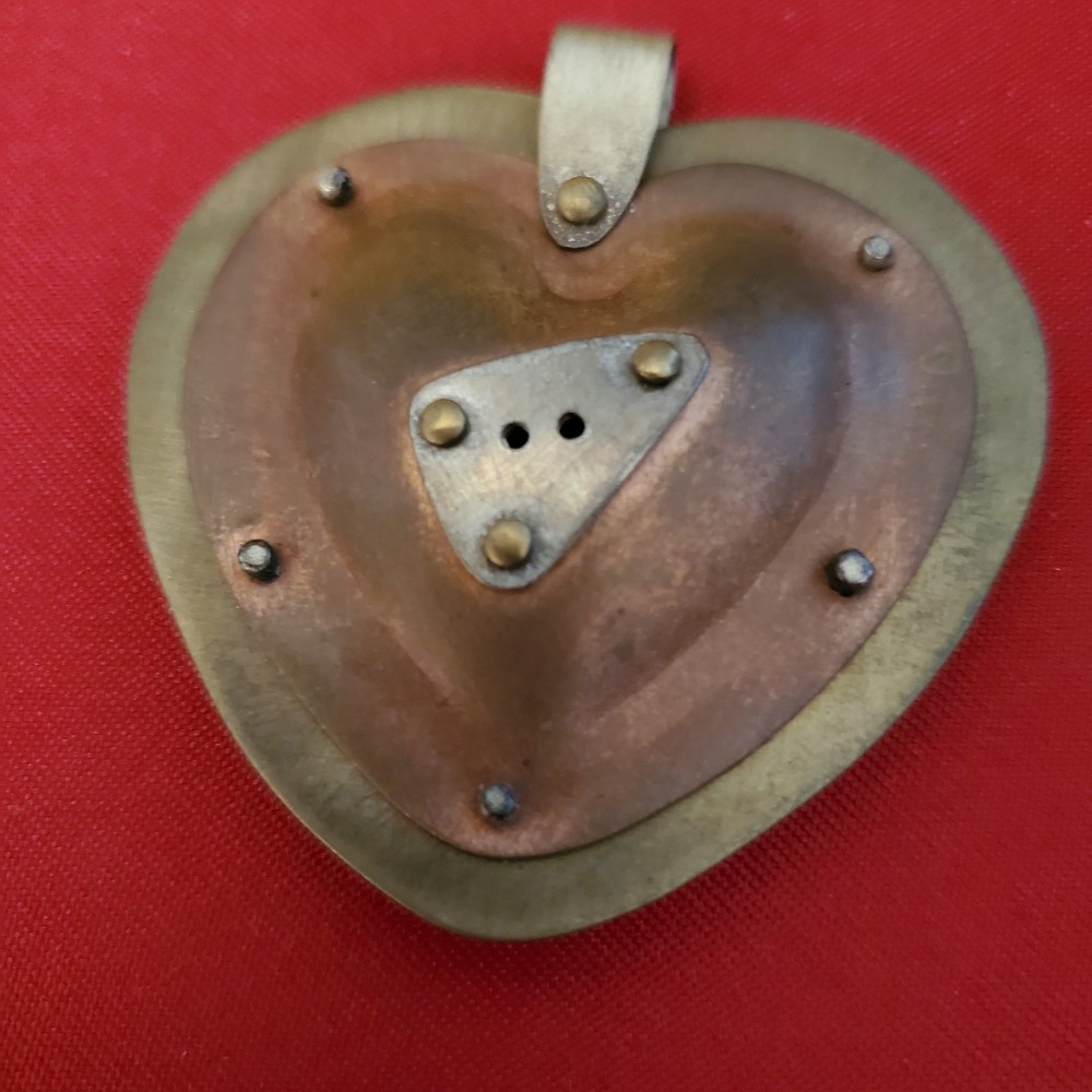 Mixed Metal Puffy Heart, Steampunk, Brutalist Pendant Artist Signed 2″ EUC