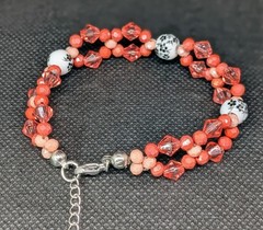 Vibrant Coral Pink and Artisan Black & White Porcelain Beaded Handmade Bracelet