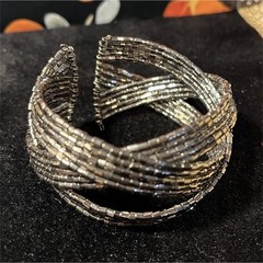 Silver Beaded Asymmetrical Cuff Bracelet Open Design
