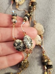Elegant Handmade Spotted Jasper Gemstone Beaded Necklace Crystal Accents Y Drop