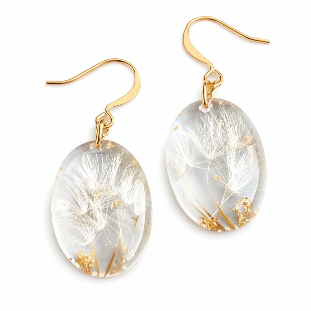 Dandelion Resin Earrings with Gold Flakes, Nature-Inspired Jewelry