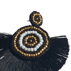 Beaded Statement Earring Black Gold White 2.5 Inch Dangle Circle Fringe Handmade
