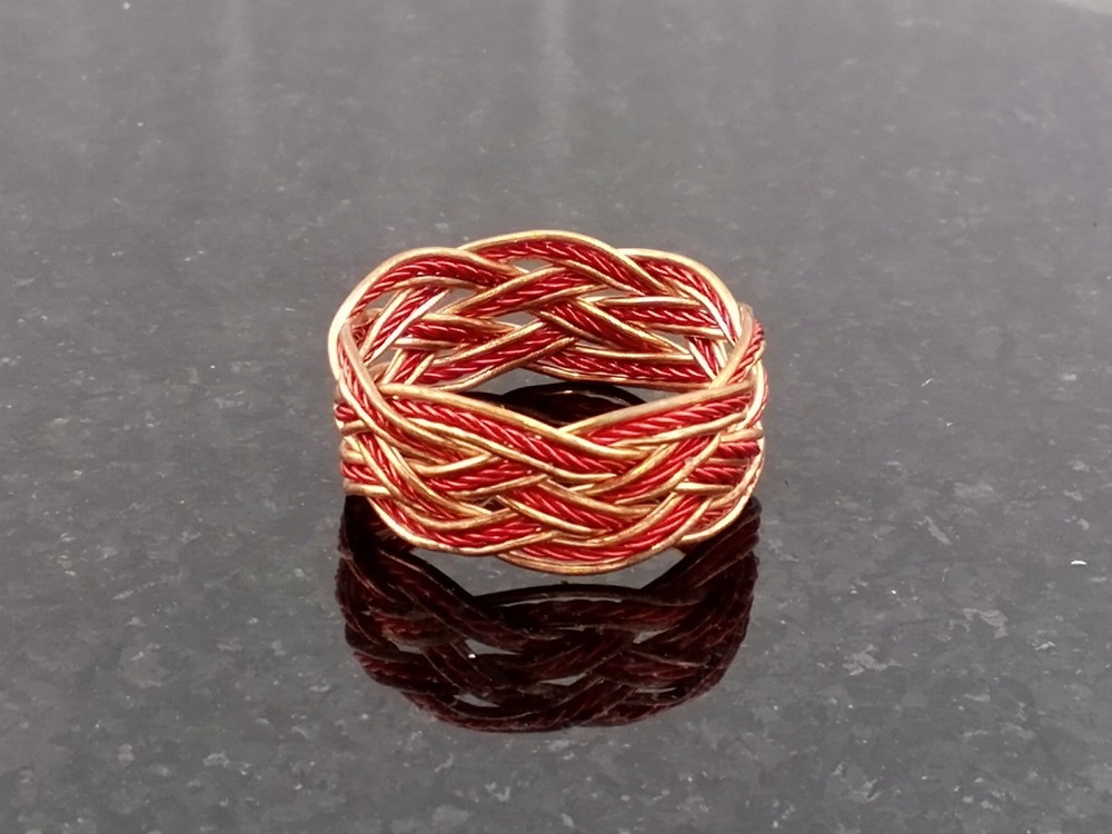 Size 8 Copper Twist / Red Artistic Twist Wire Turks Head Knot Ring Hand made