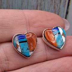 Native Southwestern Inlay Stud Earrings Heart Shape Multi Color Sterling Silver