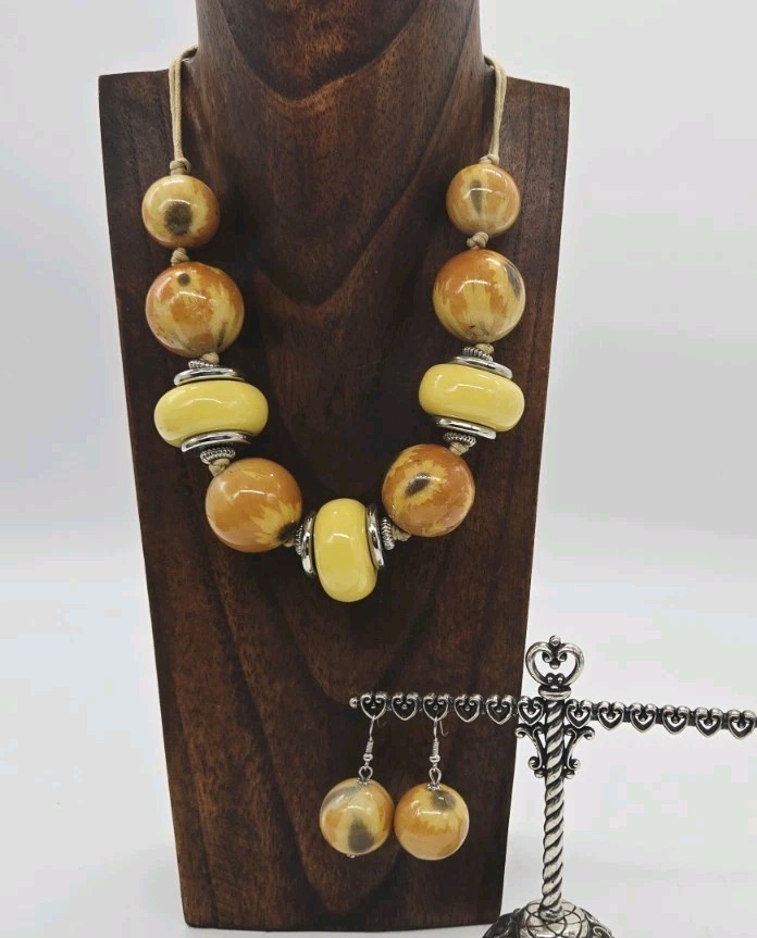 Ceramic Necklace Bold Art Chunky Bead Statement multicolored Yellow Summer