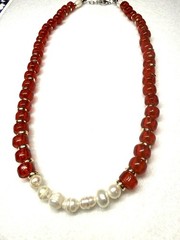 Handmade Red Glass Bead And Fresh Water Pearl Necklace Gold Spacer Elegant