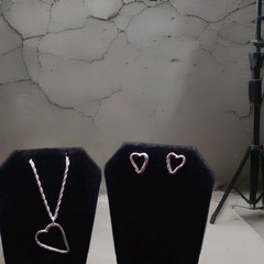 Sterling Silver Double Stacked Heart Earrings With heart Pendant On 18″ Rope