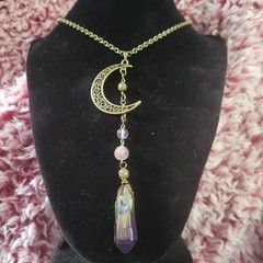 Bronze, purple & gold quartz lariat necklace with crescent moon & super 7 beads