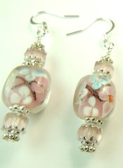 Lampwork Pink Flower Dangle/Drop Earrings Czech Beads Handmade Jewelry