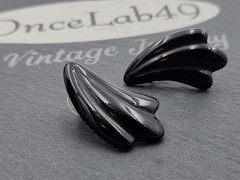 Vtg Artisan Hand Carved Black Onyx Wing Wave Post Earrings USA Substantial 8.6g