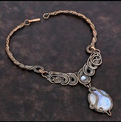 Handmade Rainbow Moonstone Copper Wire Wrapped Amulet Necklace 18″