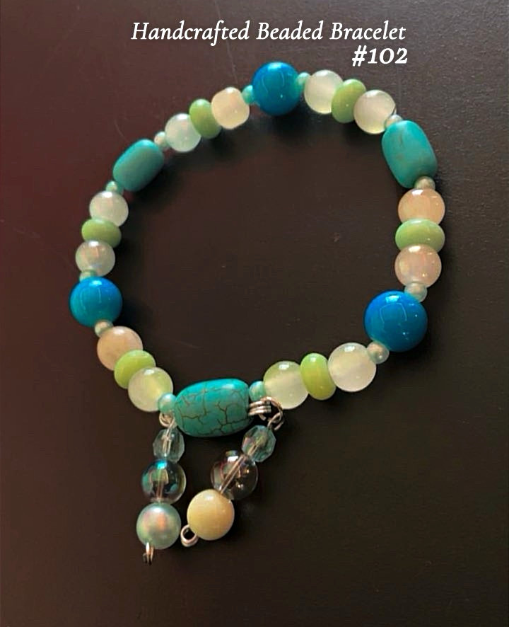 Handmade Blue/Green/White Beaded Charm Bracelet w/ Dangle Charm, Unisex #102