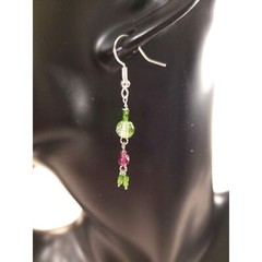 Handmade Dangle Drop Earrings Green Blue Pink Glass Beads .925 Hooks Set 2