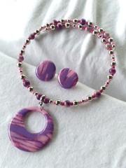 Handcrafted Pink Purple Silver Beaded Polymer Clay Memory Wire Choker Set
