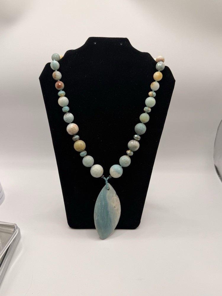 Artisan Amazonite Gemstone Statement Necklace Large Pendant Boho Beaded