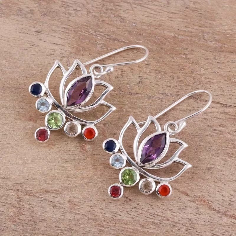 Silver Tone Lotus Flower Gemstone Dangle Earrings Colorful