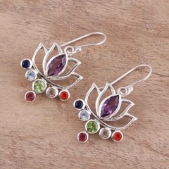 Silver Tone Lotus Flower Gemstone Dangle Earrings Colorful