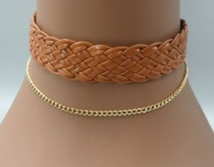 Layered Faux Leather Choker Braided Vinyl Dog Collar Necklace Brown Brass Chain