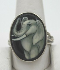 Amy Kahn Russell AKR Hand Painted Elephant Ring Sterling Silver Black Onyx 10.5