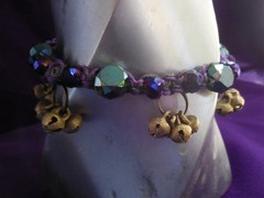 Purple Forest Green Hemp Anklet Adjustable Jewelry with Brass Bells Glass Beads