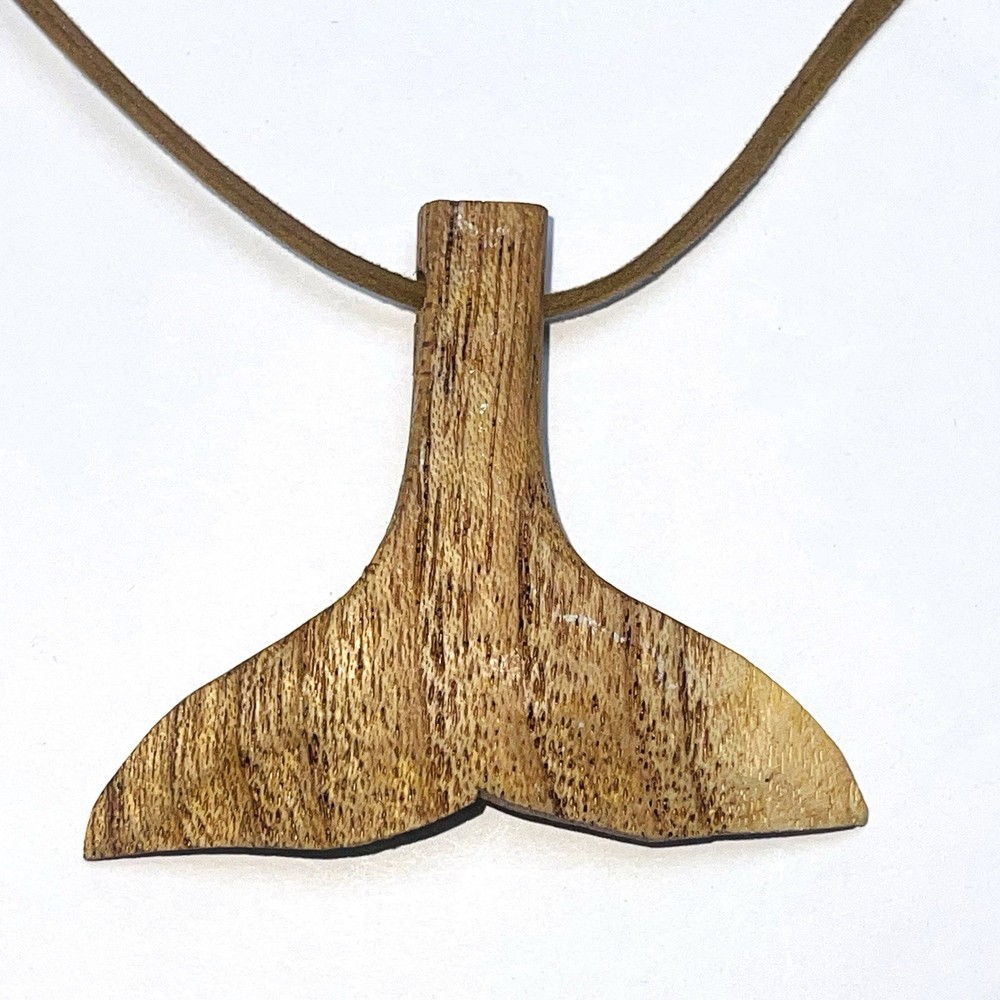 Wood Whale Tail Pendant Necklace Hand Carved 24″ Leather Cord Strength Power