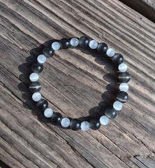 Glass Cat’s Eye Charcoal Gray & Selenite White Stretch Bracelet w/ 8 & 6mm Beads