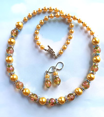 rose LAMPWORK YELLOW Glass Pearl Crystal necklace SP LEVERBACK handcrafted