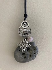 Hag Stone Necklace, Raven Pentacle, Witch Knot, Rose Quartz, Protection Talisman