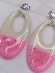 Handcrafted Polymer Clay Resin Silver Stud Dangle Oval Pink Beige Earrings
