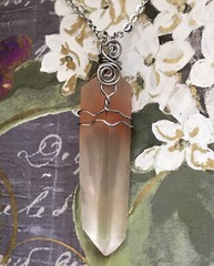 Natural orange quartz crystal Point wire wrapped pendant necklace 16”