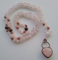 Mala 108 Beads, Rose Quartz & Rhodonite with pendant hand knotted Mala Necklace