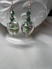 Artisan Dangle Earrings Lamp Work Green Hearts/Rose Gold Filled Ear Wires OOAK
