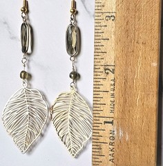 New Artisan Smoky Gray Glass Bead Bezel & Gold Tone Leaf Earrings 3×1″