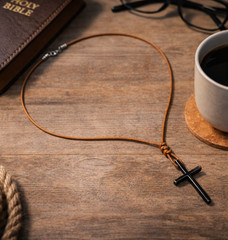 Black 316L Stainless Steel Cross Necklace–Hand‑Knotted Brown Leather Cord-Unisex