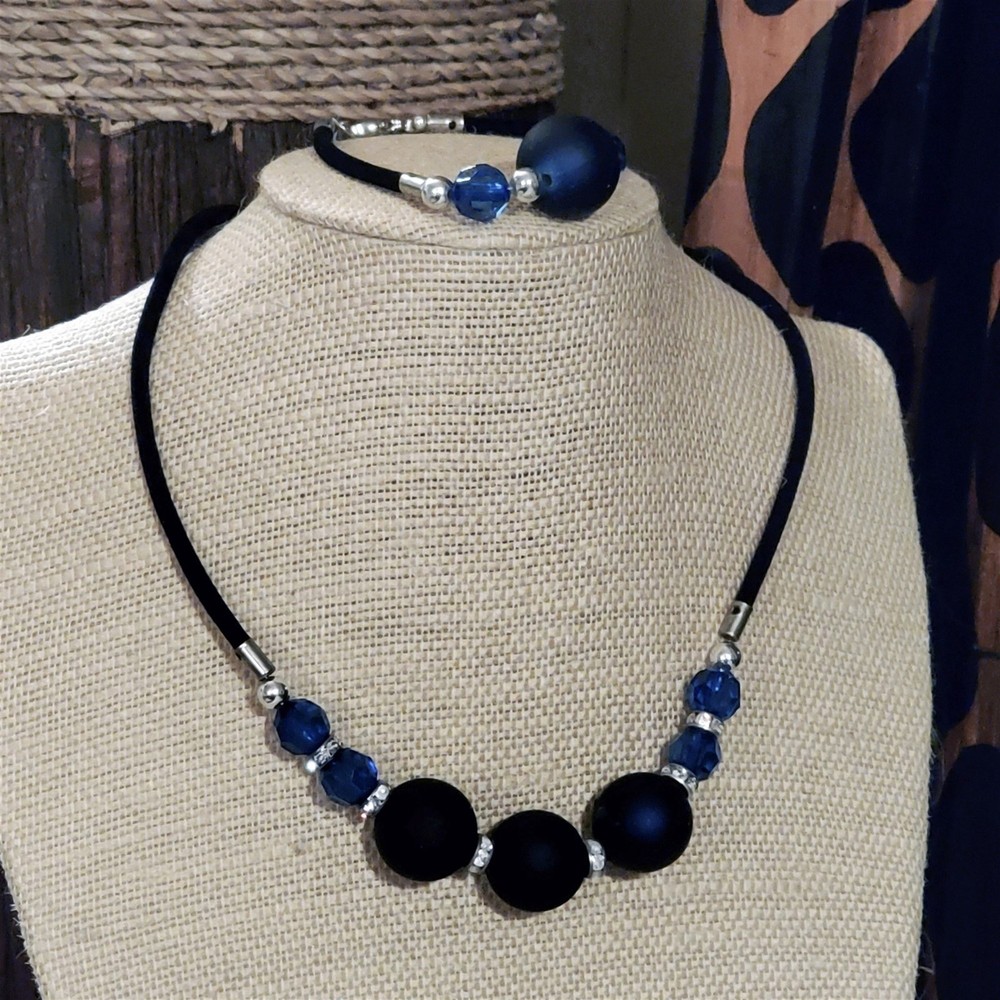 Rubber Coated Vintage Beads Blue Black and Silver Necklace Bracelet Jewelry Set