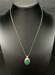 Sterling Silver & Malachite Oval Cabochon Pendant 20″ Chain Necklace Marked 925