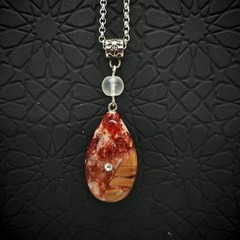 Handcrafted Teardrop Necklace: Red-White Resin with Embedded Wood & Crystal