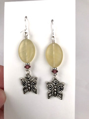 Handmade Light Yellow Glass Bead with Beautiful Butterfly, Silver Plated Hooks